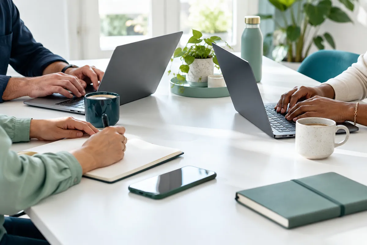 Team working together at a desk, hands and laptops