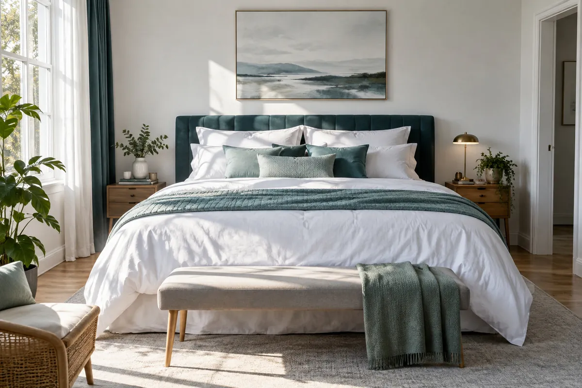 Bedroom in soft morning light with a made bed