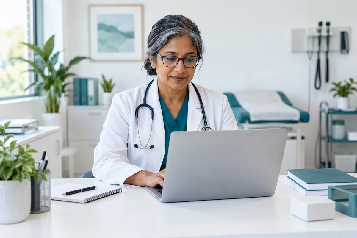 Doctor reviewing an online order on a laptop