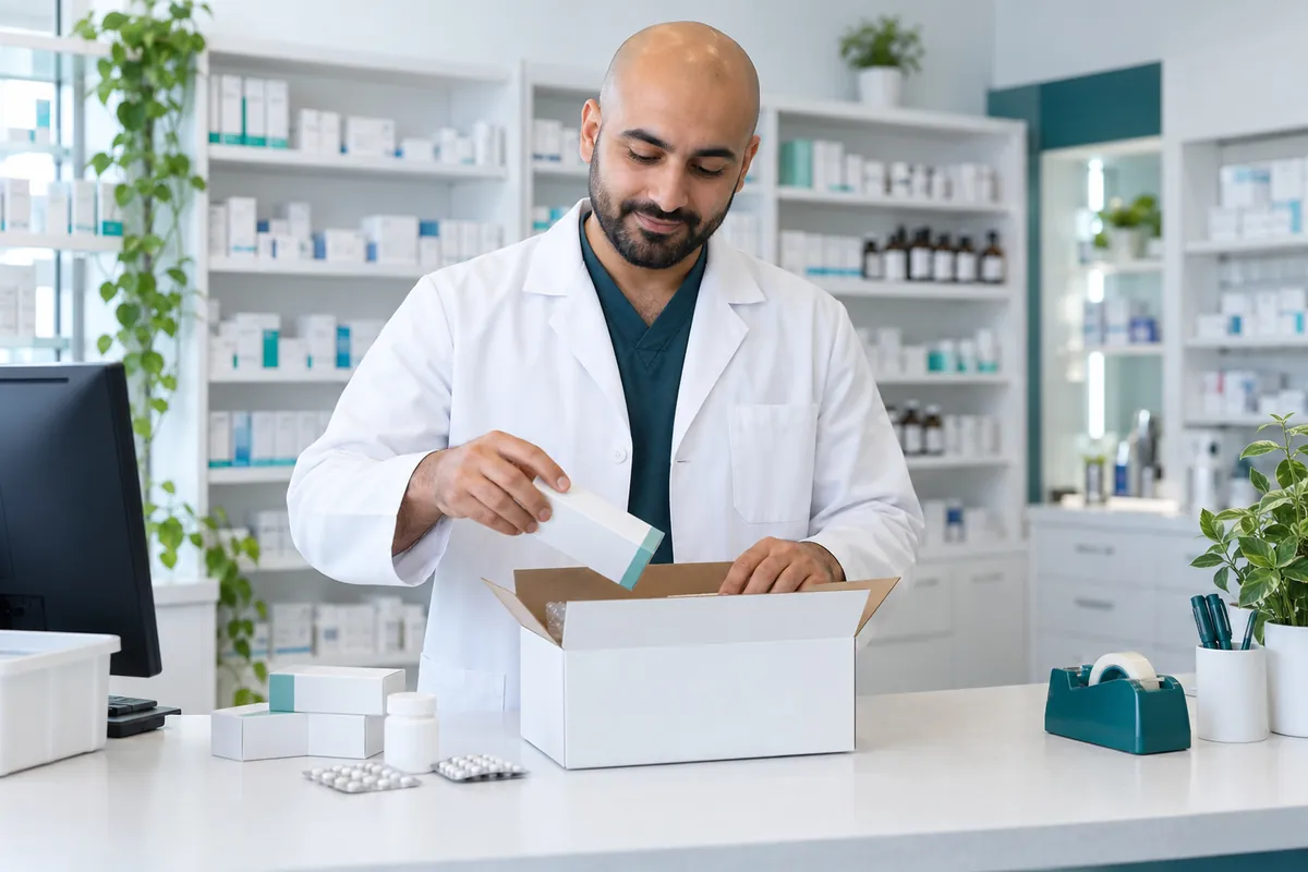 Pharmacist packing an order behind the counter