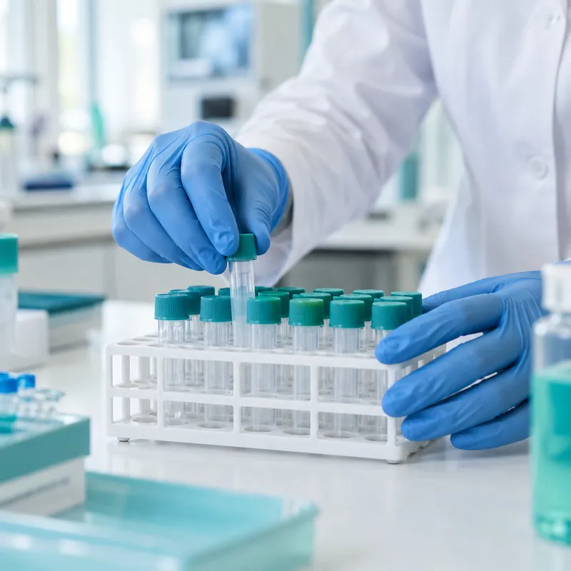 Lab worker with blue gloves handling sample tubes
