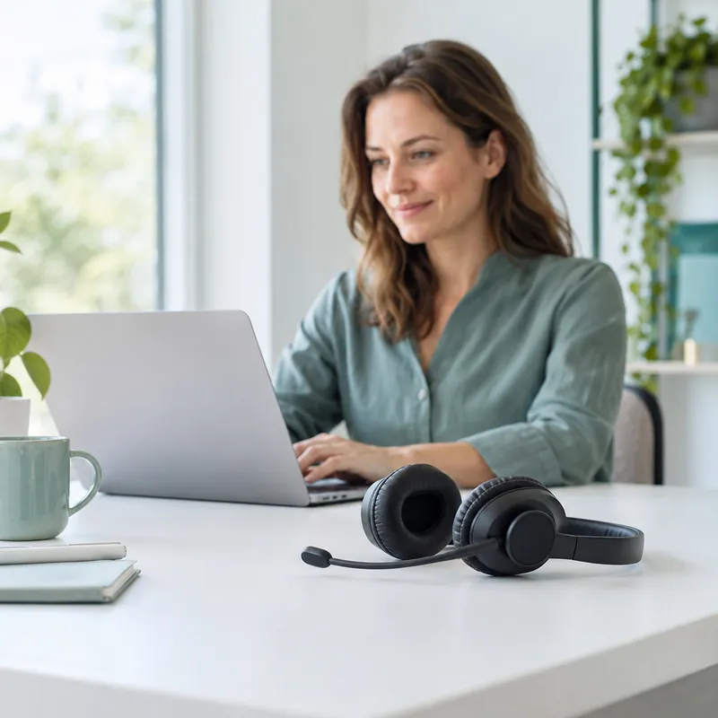 Friendly support worker with a headset