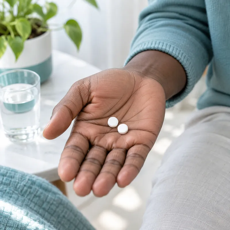 Two white doxycycline tablets in an open hand