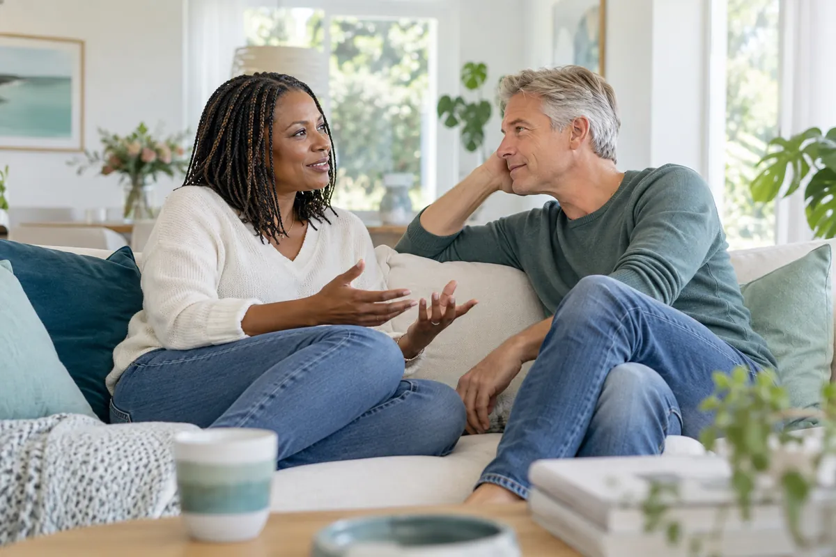 Couple talking on a sofa at home