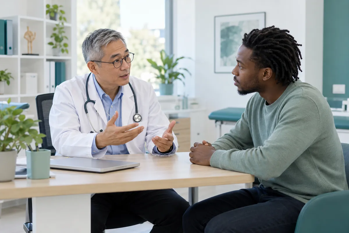 Un médecin explique quelque chose à une personne lors d’une consultation, à un bureau
