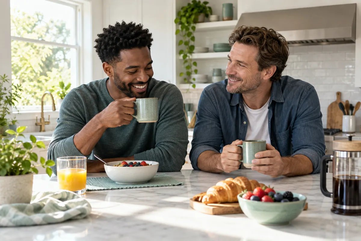Two men having breakfast together in a bright kitchen