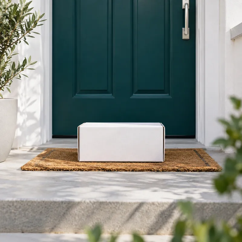 Plain white parcel on a doormat in front of a green front door
