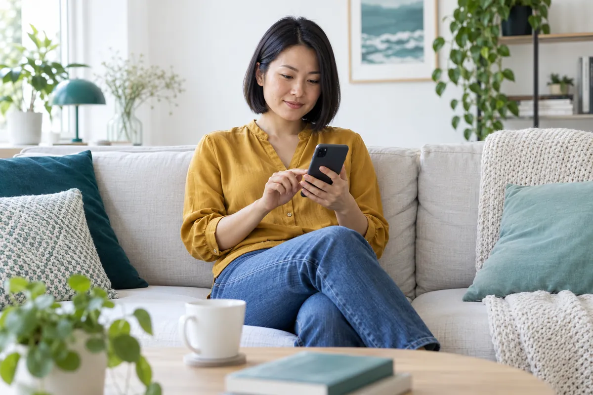 Woman on the sofa filling in a health questionnaire on her phone