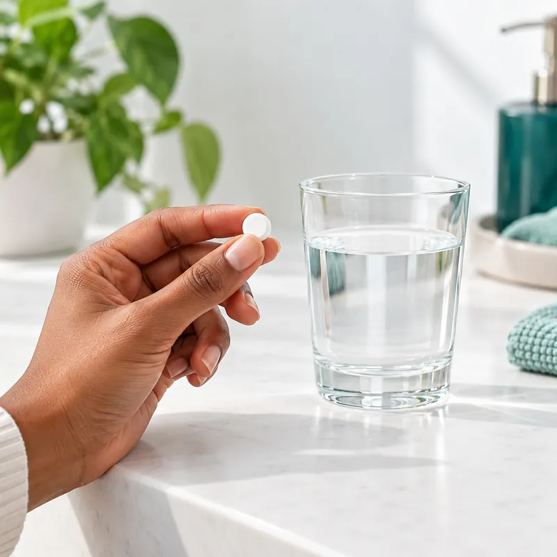 Hand holding a white tablet next to a full glass of water