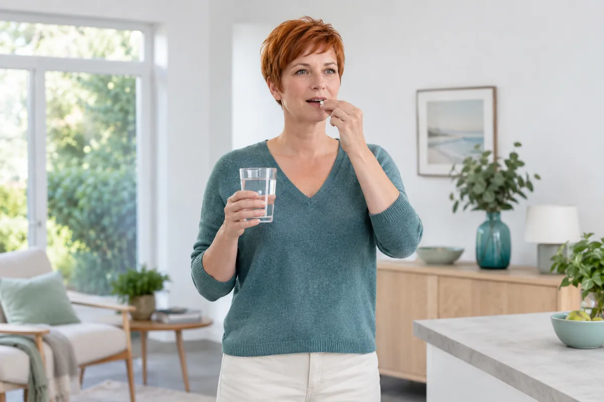 Person standing upright taking a tablet with a full glass of water