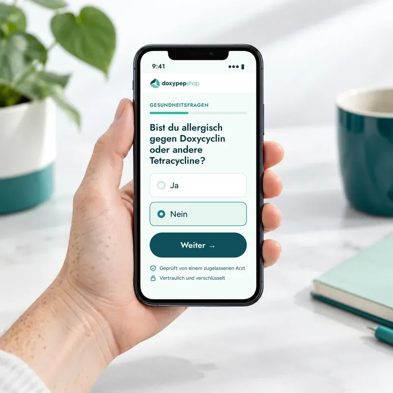 Handy mit dem Online-Gesundheitsfragebogen von DoxyPEP Shop