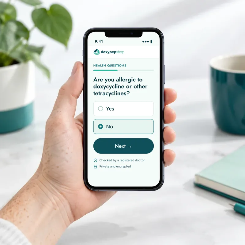 Phone showing the DoxyPEP Shop online health questionnaire