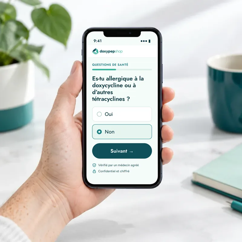 Téléphone affichant le questionnaire de santé en ligne de DoxyPEP Shop