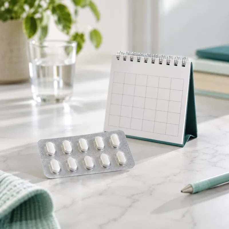 Blister strip of doxycycline tablets next to a small calendar