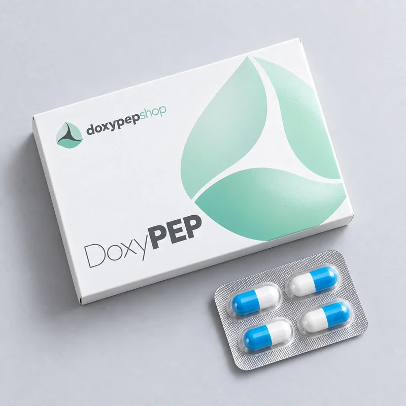 DoxyPEP box and blister strip lying on a light grey surface