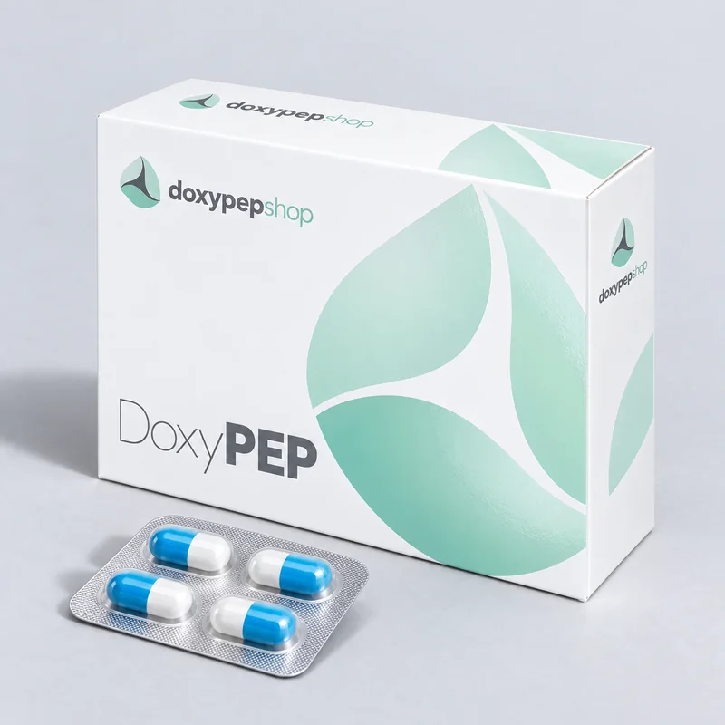 DoxyPEP Shop packaging for DoxyPEP, seen from the side, with a blister strip