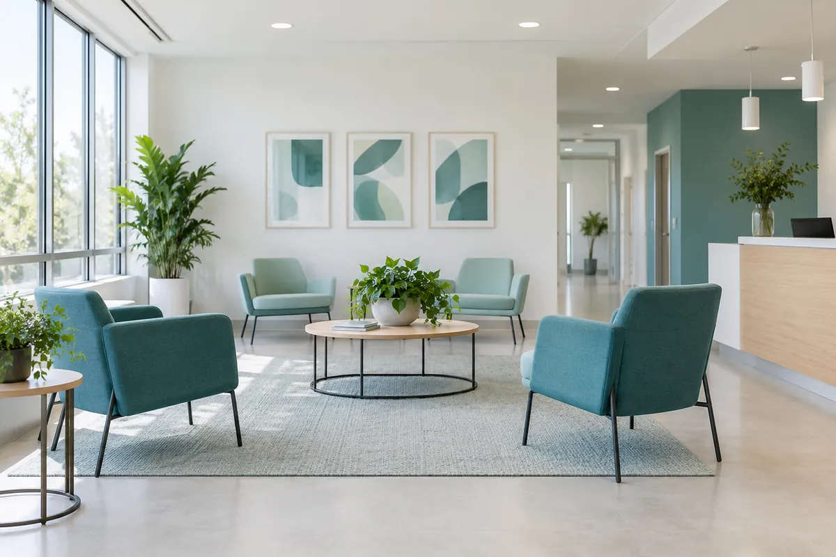 Calm, bright waiting room of a sexual health clinic