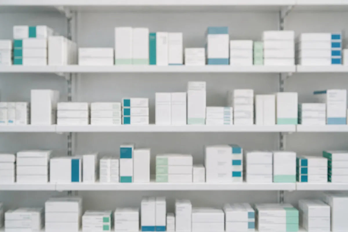 Pharmacy shelf with plain medicine boxes