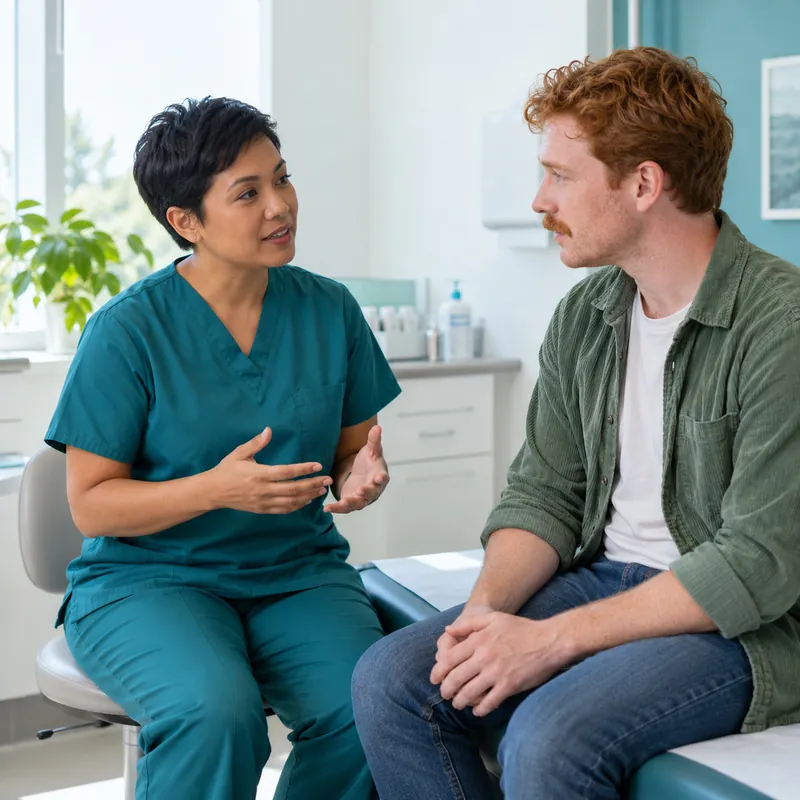 Nurse talking with a patient in a calm consultation room