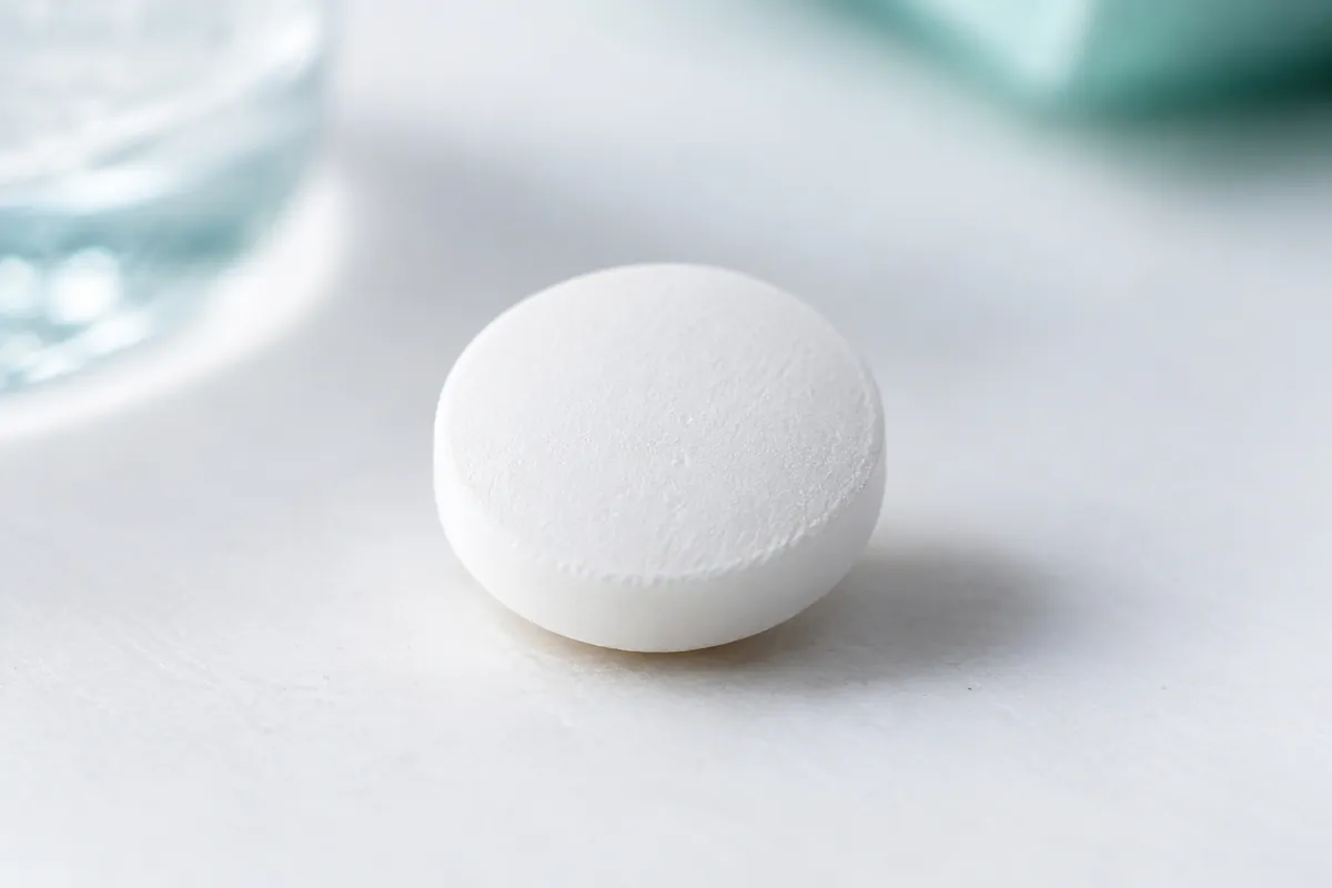 Single white doxycycline tablet in close-up