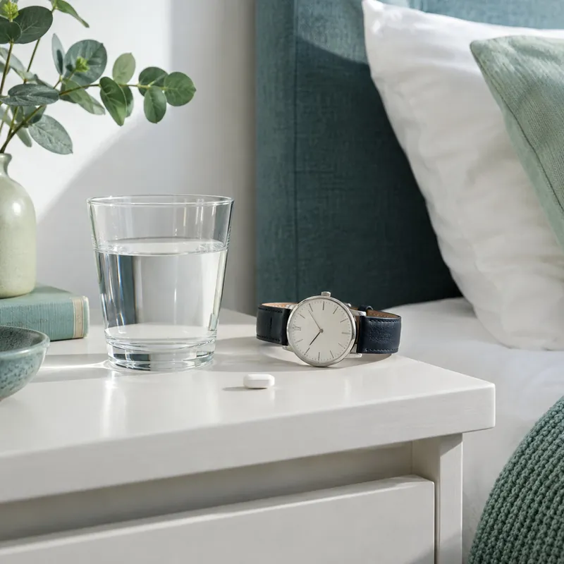 Bedside table with a watch, a glass of water and a tablet