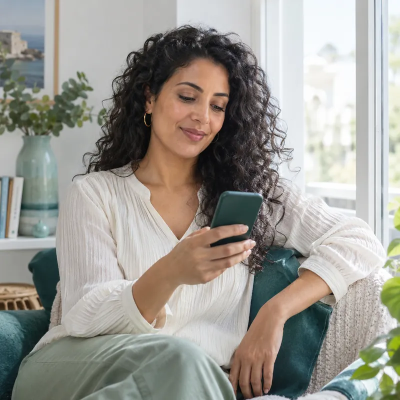 Woman reading on her phone by the window